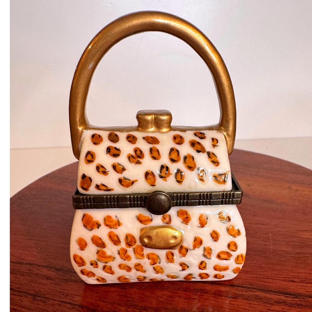 Mini Leopard Print Trinket Box Gold Handle Purse Style Jewelry Box Ceramic